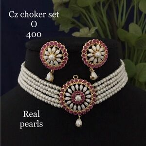 Elegant Pearl snd Pink CZ Choker Set